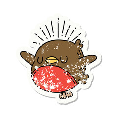 grunge sticker of tattoo style flapping robin