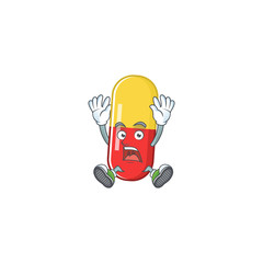 Red yellow capsules cartoon character design showing shocking gesture