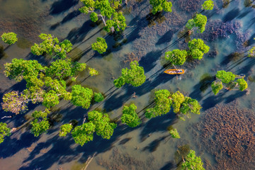 Mountain landscape, lake and mountain range, large panorama, fisherman, forest. Tuyen Lam lake, Dalat, Vietnam
