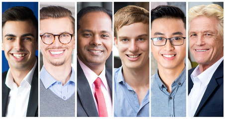 Attractive successful smiling men portraits collage. Business men of different age and ethnicity posing for mutual portrait. Business concept