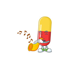 A brilliant musician of red yellow capsules cartoon character playing a trumpet