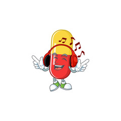 Cartoon mascot design red yellow capsules enjoying music with headset