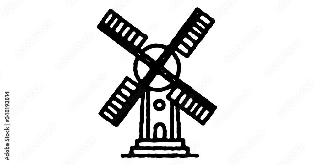 Poster hand drawn sketch icon animation for retro windmill to use as video design element. minimalistic sym