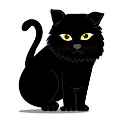 Cat Illustration clipart. A black cat is sitting facing her. It has yellow eyes that look mysterious. It is on a white background. Hand draw art..