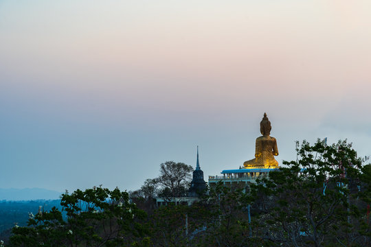 Mountain Buddha statue surrounded by forest at sunset