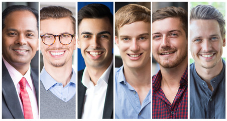 Attractive smiling successful men portrait collage. Young professionals wearing casual outfits with...