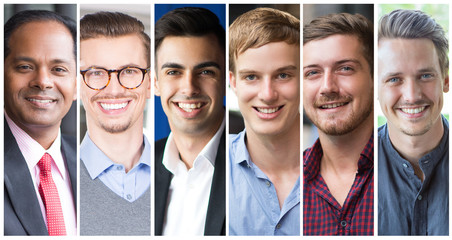 Attractive smiling successful men portrait collage. Young professionals wearing casual outfits with their older Indian business leader. Business team portraits concept