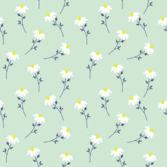 Daisies wildflower geometric seamless pattern on a blue background.