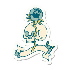 tattoo sticker with banner of a skull and rose