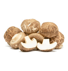 Group Shiitake mushrooms isolated white background.