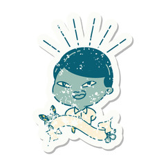 grunge sticker of tattoo style happy businessman