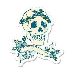 grunge sticker with banner of a skull with laurel wreath crown