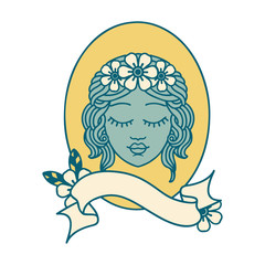 tattoo with banner of a maiden with eyes closed