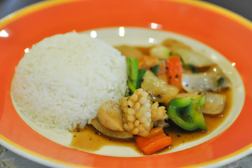stir fried squid, fried squid and rice