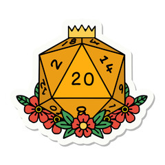 natural 20 D20 dice roll with floral elements sticker