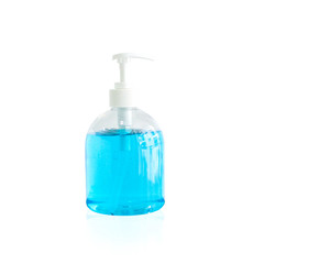 A bottle of blue medical alcohol gel die cut isolated with clipping path on white backgrounds, product for prevention from corona virus, bacteria and germs