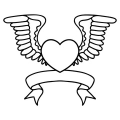 black linework tattoo with banner of a heart with wings