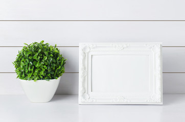 Blank vintage photo frame with green home plant at white vase on white wooden background