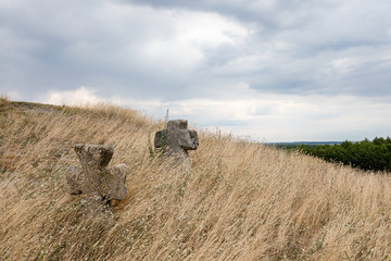 view on Pidkamin inselberg on adjacent hill and nearby ancient graveyard in Brody region of Galychyna