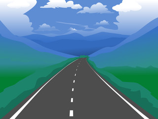 Straight empty road and mountain. Vector landscape background
