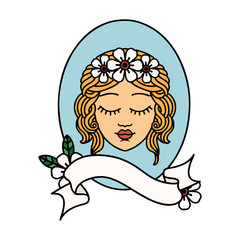 tattoo with banner of a maiden with eyes closed
