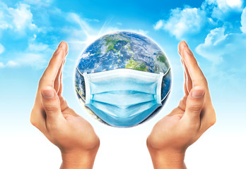 Hand protect the earth wearing protection face mask