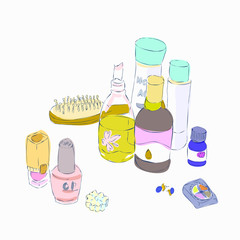 set of cosmetic products.daily use items on the table.cosmetics illustration.woman life.lotion and lipstick and manicure.life illustration.