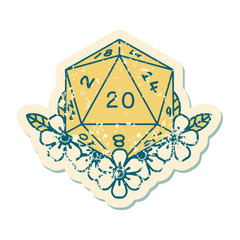 natural 20 D20 dice roll with floral elements illustration