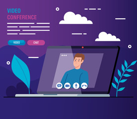 young man in video conference in laptop vector illustration design
