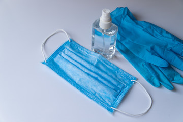 Coronavirus prevention medical surgical masks and hand sanitizer gel for hand hygiene corona virus protection.