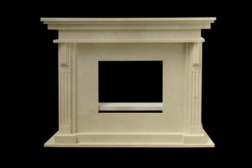 Natural beige marble fireplace on black background