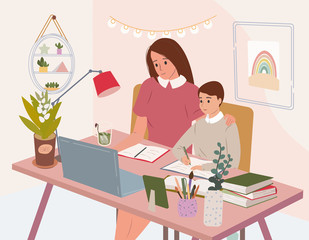 Cute happy mother with computer teaching her son at home.Tutor helping student boy. Online studying concept. Distance education during coronavirus quarantine. Flat cartoon colorful vector illustration