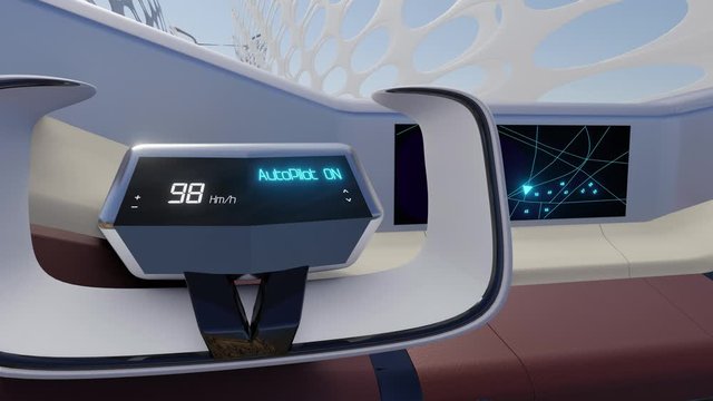 3D render animation of a futuristic car interior, with the blinking autopilot in the car cockpit, conceptual steering wheel. The car goes over the bridge