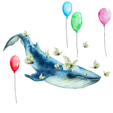 Flying blue whale and flock white butterflies and colorful balloons, isolated. Hand drawn watercolor.