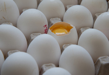 Close up view of raw chicken eggs in a box