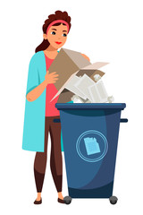 Girl throw paper into waste tank isolated on white