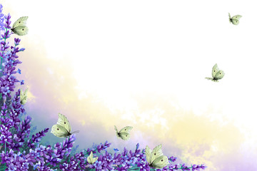 Fototapeta na wymiar Corner frame of lavender twigs with flowers with multicolor fog and flock butterflies. Hand drawn watercolor. Copy space.