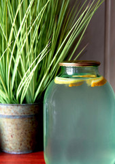Birch sap in a jar with slices of lemon