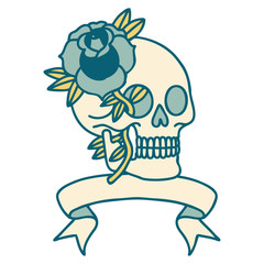 tattoo with banner of a skull and rose