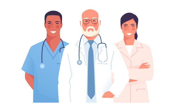 Vector illustration of a medical team, group of physicians, practitioners, doctors