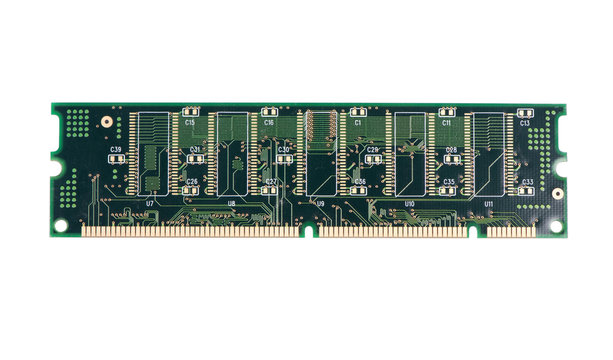 Green stick of RAM memory for computer with electronics components
