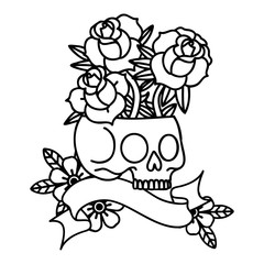 black linework tattoo with banner of a skull and roses