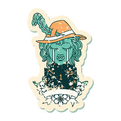 crying orc bard character with natural one D20 roll illustration