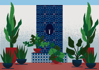 Flat illustration of interior garden in mediterranean style, with white-blue ceramic tiles with geometric ornament on white walls and spring of water, with different plants in the pots
