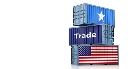 Shipping containers with Somalia and USA flag. 3D Rendering 