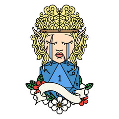sad elf barbarian character face with natural one D20 roll illustration