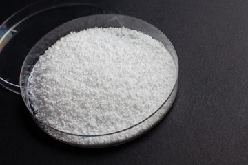 laboratory petri dish with samples of white synthetic rubber on a black background shot from above