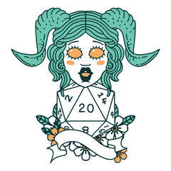 tiefling with natural twenty dice roll illustration