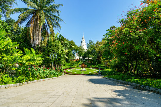 Beautiful view in park of Wat Phnom in Phnom Penh, Cambodia