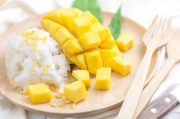 fresh ripe mango and sticky rice with coconut milk, authentic Thai dessert high resolution